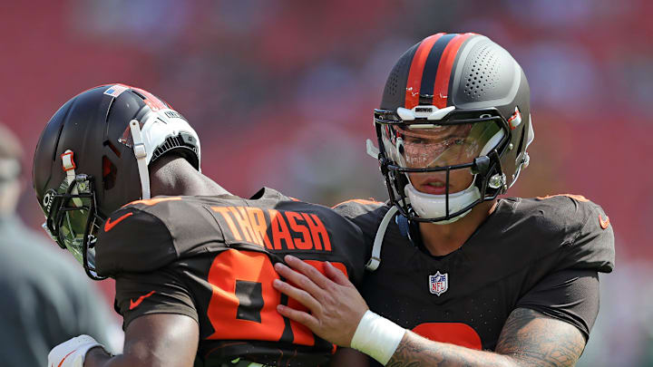 Cleveland Browns quarterback Dillon Gabriel (8) shares a moment with wide receiver Jamari Thrash (80) before an NFL football game at Huntington Bank Field, Sept. 21, 2025, in Cleveland, Ohio.