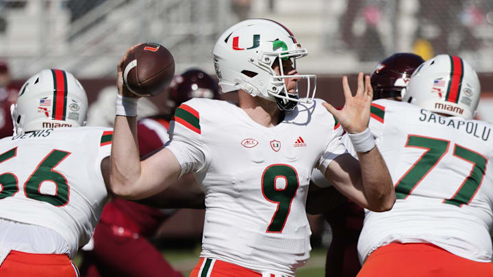 Oct 15, 2022; Blacksburg, Virginia, USA;  Miami Hurricanes quarterback Tyler Van Dyke (9) throws a