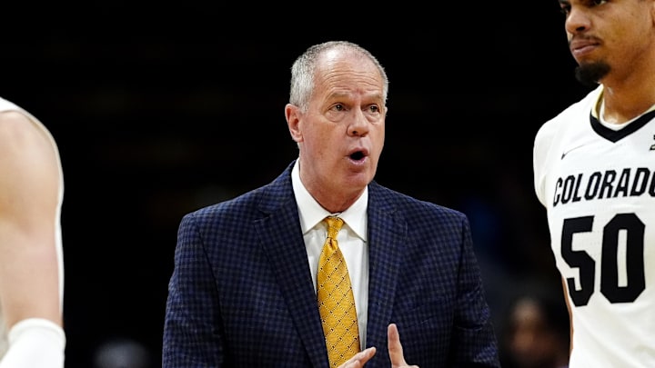 Mar 8, 2025; Boulder, Colorado, USA; Colorado Buffaloes head coach Tad Boyle during a timeout in the first half against the TCU Horned Frogs at the CU Events Center. Mandatory Credit: Ron Chenoy-Imagn Images