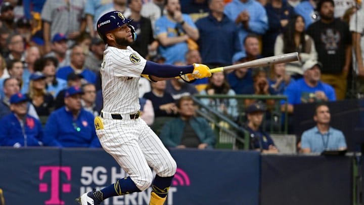 Milwaukee Brewers outfielder Jackson Chourio (11) hits a home run during the eighth inning in game two of the Wildcard round for the 2024 MLB Playoffs against the New York Mets at American Family Field on Oct 2.