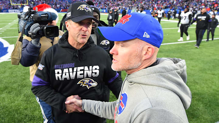 Baltimore Ravens head coach John Harbaugh and Buffalo Bills head coach Sean McDermott shake hands following the game. Baltimore Ravens head coach John Harbaugh and Buffalo Bills head coach Sean McDermott shake hands following the game.
