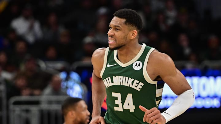 Mar 5, 2025; Milwaukee, Wisconsin, USA; Milwaukee Bucks forward Giannis Antetokounmpo (34) reacts in the third quarter against the Dallas Mavericks at Fiserv Forum. Mandatory Credit: Benny Sieu-Imagn Images Mar 5, 2025; Milwaukee, Wisconsin, USA; Milwaukee Bucks forward Giannis Antetokounmpo (34) reacts in the third quarter against the Dallas Mavericks at Fiserv Forum. Mandatory Credit: Benny Sieu-Imagn Images