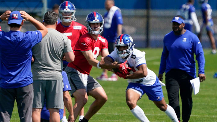 The Giants go through an OTA practice in 2023 at their East Rutherford headquarters.