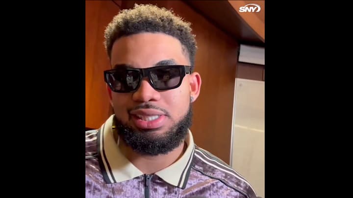 Karl-Anthony Towns talks to reporters after the Knicks' Game 3 loss to the Celtics