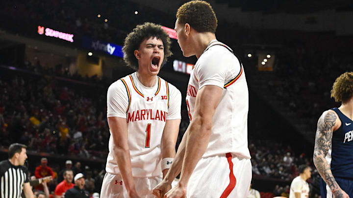 Jan 18, 2026; College Park, Maryland, USA; Maryland Terrapins guard Darius Adams (1) reacts after  forward Elijah Saunders (13) scores during the second half against the Penn State Nittany Lions at Xfinity Center. Mandatory Credit: Tommy Gilligan-Imagn Images
