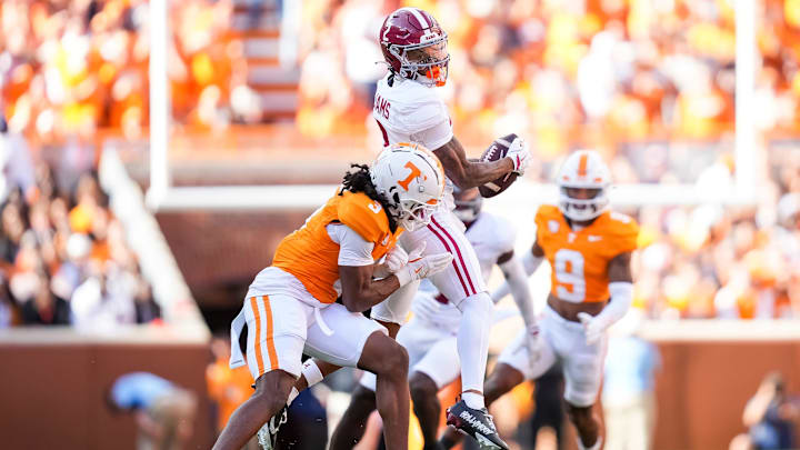 Alabama wide receiver Ryan Williams (2) is tackled by Tennessee defensive back Jermod McCoy (3) after making the catch during an SEC conference game between Tennessee and Alabama in Neyland Stadium on Saturday, Oct. 19, 2024. Alabama wide receiver Ryan Williams (2) is tackled by Tennessee defensive back Jermod McCoy (3) after making the catch during an SEC conference game between Tennessee and Alabama in Neyland Stadium on Saturday, Oct. 19, 2024.