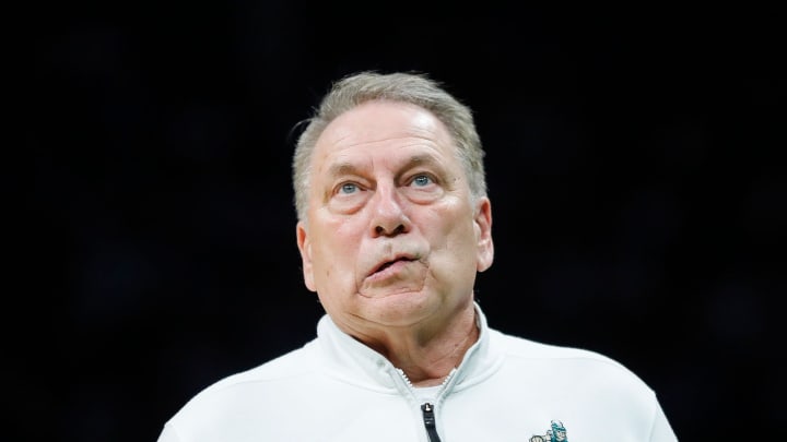 Michigan State head coach Tom Izzo reacts to a play against North Carolina during the second half of