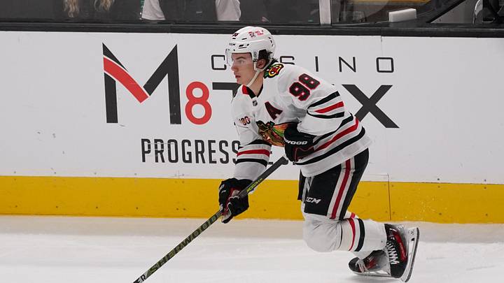 Apr 6, 2026; San Jose, California, USA;  Chicago Blackhawks center Connor Bedard (98) controls the puck against the San Jose Sharks in the third period at SAP Center at San Jose. Mandatory Credit: David Gonzales-Imagn Images