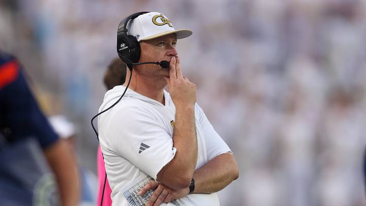 Sep 20, 2025; Atlanta, Georgia, USA; Georgia Tech Yellow Jackets head coach Brent Key on the sideline against the Temple Owls in the third quarter at Bobby Dodd Stadium at Hyundai Field. Mandatory Credit: Brett Davis-Imagn Images