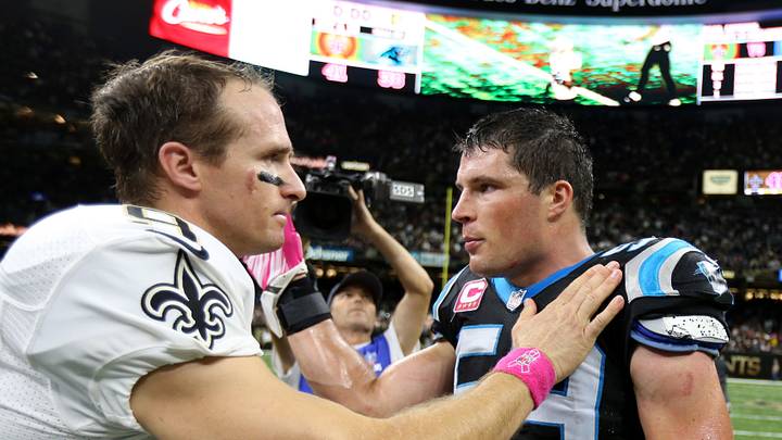 New Orleans Saints quarterback Drew Brees and Carolina Panthers middle linebacker Luke Kuechly New Orleans Saints quarterback Drew Brees and Carolina Panthers middle linebacker Luke Kuechly