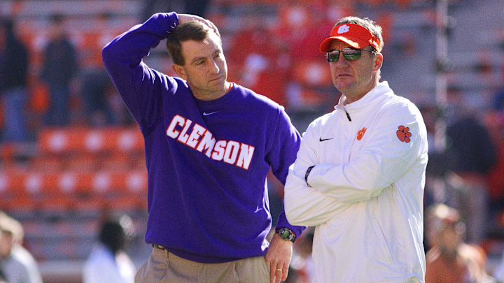 Nov 29, 2014; Clemson, SC, USA; Clemson Tigers head coach Dabo Swinney and offensive coordinator Chad Morris prior to the game against South Carolina Gamecocks at Clemson Memorial Stadium. Tigers won 35-17. Mandatory Credit: Joshua S. Kelly-Imagn Images