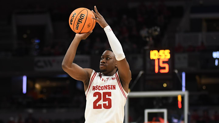 Mar 13, 2025; Indianapolis, IN, USA; Wisconsin Badgers guard John Blackwell (25) shoots during the first half against the Northwestern Wildcats at Gainbridge Fieldhouse. Mandatory Credit: Robert Goddin-Imagn Images