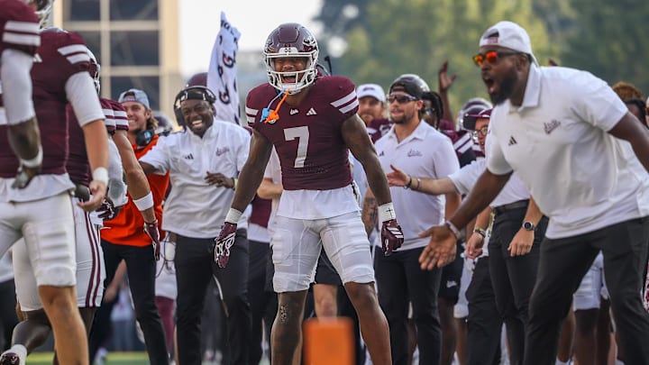 Mississippi State Bulldogs wide receiver Markus Allen (7) celebrates after a touchdown against the Alcorn State Braves during the first quarter at Davis Wade Stadium at Scott Field.