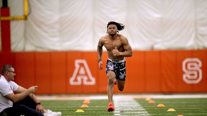 Former Longhorns Jaydon Blue participate in the 40 yard dash during Texas' Pro Day at the Texas Football Training Facilit