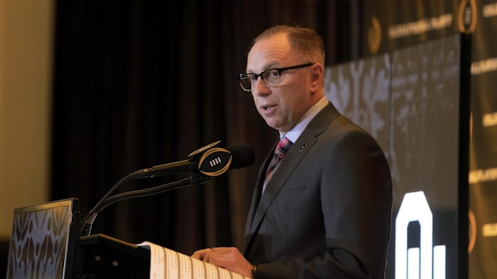Dec 8, 2019; Grapevine, TX, USA; College football playoff selection committee chairman Rob Mullens speaks to the media during selection Sunday at the Gaylord Texan hotel. Mandatory Credit: Kevin Jairaj-Imagn Images Dec 8, 2019; Grapevine, TX, USA; College football playoff selection committee chairman Rob Mullens speaks to the media during selection Sunday at the Gaylord Texan hotel. Mandatory Credit: Kevin Jairaj-Imagn Images