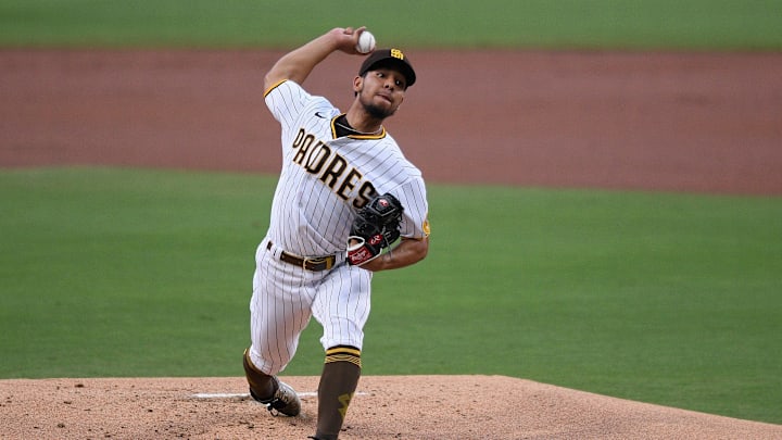 Sep 19, 2020; San Diego, CA, USA; San Diego Padres starting pitcher Luis Patino (62) pitches during the first inning against the Seattle Mariners at Petco Park. Mandatory Credit: Orlando Ramirez-Imagn Images