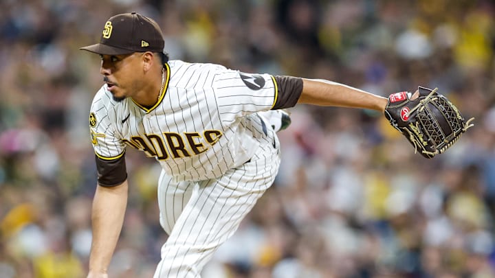 Mar 27, 2026; San Diego, California, USA; San Diego Padres relief pitcher Jeremiah Estrada (56) throws a pitch during the eighth inning against the Detroit Tigers at Petco Park. Mandatory Credit: David Frerker-Imagn Images