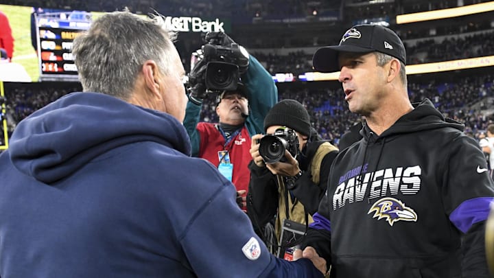 Nov 3, 2019; Baltimore, MD, USA; New England Patriots head coach Bill Belichick (left) and Baltimore Ravens head coach John Harbaugh (right) shake hands after the game at M&T Bank Stadium. Mandatory Credit: Douglas DeFelice-USA TODAY Sports