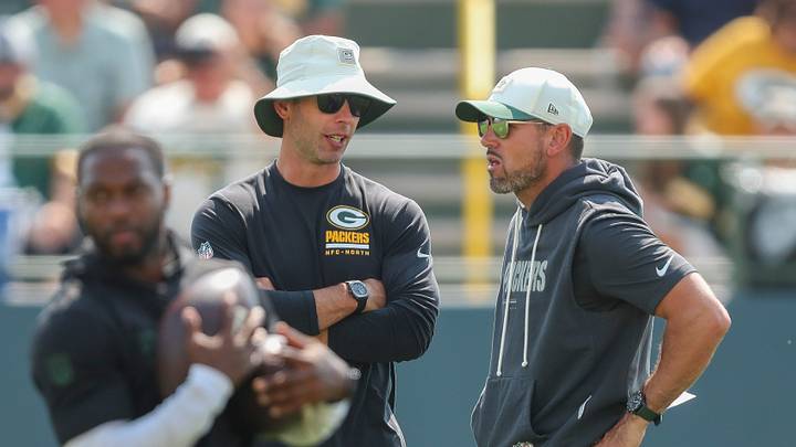 Green Bay Packers defensive coordinator Jonathan Gannon talks with head coach Matt LaFleur during practice on Tuesday, Aug. 4, 2026, at Ray Nitschke Field in Ashwaubenon, Wisconsin. 
Tork Mason/USA TODAY NETWORK-Wisconsin