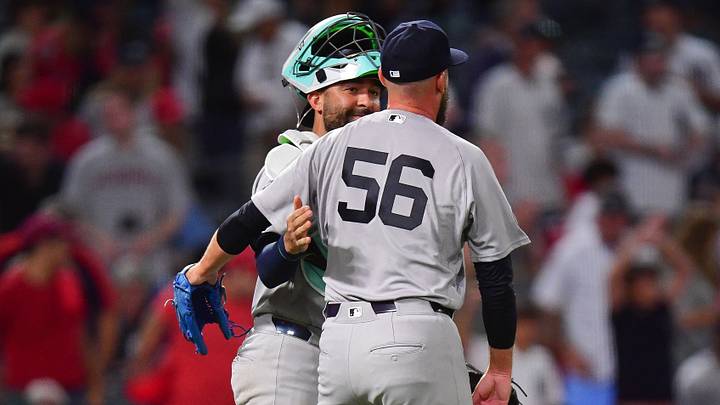 Sep 1, 2026; Anaheim, California, USA; New York Yankees catcher Ali Sanchez (39) and pitcher John Schreiber (56) celebrate the victory against the Los Angeles Angels at Angel Stadium. Mandatory Credit: Gary A. Vasquez-Imagn Images Sep 1, 2026; Anaheim, California, USA; New York Yankees catcher Ali Sanchez (39) and pitcher John Schreiber (56) celebrate the victory against the Los Angeles Angels at Angel Stadium. Mandatory Credit: Gary A. Vasquez-Imagn Images