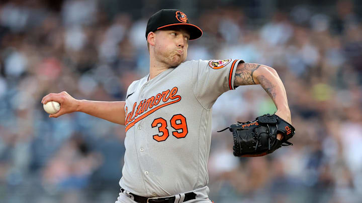 Jul 6, 2023; Bronx, New York, USA; Baltimore Orioles starting pitcher Kyle Bradish (39) pitches