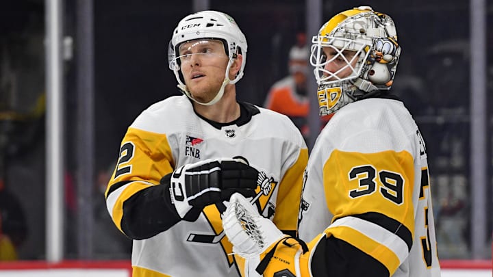Jan 8, 2024; Philadelphia, Pennsylvania, USA; Pittsburgh Penguins defenseman Chad Ruhwedel (2) and goaltender Alex Nedeljkovic (39) celebrate win against the Philadelphia Flyers at Wells Fargo Center. Mandatory Credit: Eric Hartline-Imagn Images Jan 8, 2024; Philadelphia, Pennsylvania, USA; Pittsburgh Penguins defenseman Chad Ruhwedel (2) and goaltender Alex Nedeljkovic (39) celebrate win against the Philadelphia Flyers at Wells Fargo Center. Mandatory Credit: Eric Hartline-Imagn Images