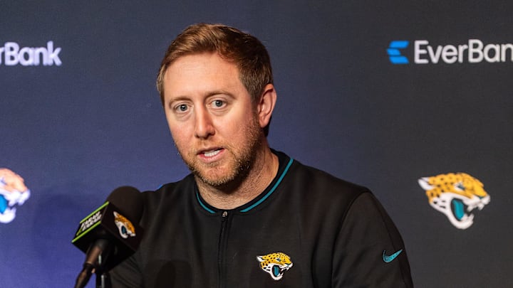 The Jacksonville Jaguars Head Coach Liam Coen answered questions during a press conference where the team introduced general manager James Gladstone Monday morning February 24, 2025 at the Miller Electric Center in Jacksonville, Fla. [Doug Engle/Florida Times-Union]2025
