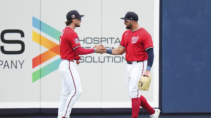 Mar 4, 2025; West Palm Beach, Florida, USA; Washington Nationals outfielder Dylan Crews (3) celebates after catching a fly ball for an out against the St. Louis Cardinals during the second inning at CACTI Park of the Palm Beaches