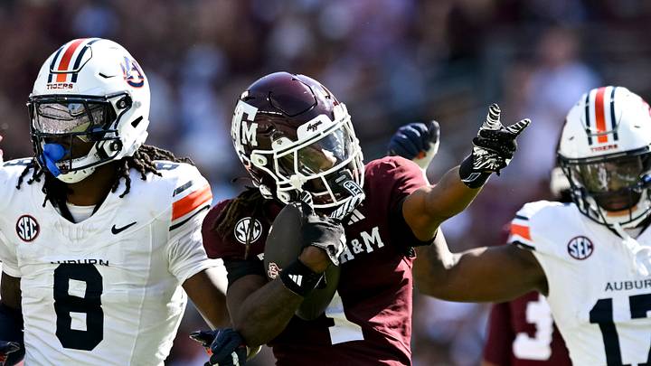 Sep 27, 2025; College Station, Texas, USA; Texas A&M Aggies wide receiver Mario Craver (1) motions against the Auburn Tigers during the first half at Kyle Field. Mandatory Credit: Maria Lysaker-Imagn Images