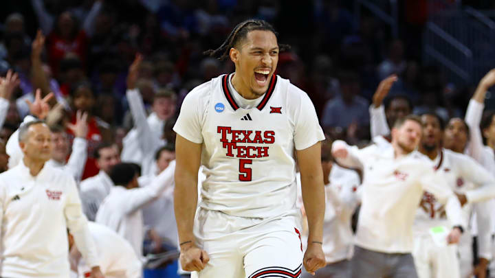 Mar 22, 2025; Wichita, KS, USA; Texas Tech Red Raiders forward Darrion Williams (5) reacts after a play against the Drake Bulldogs during the second half at Intrust Bank Arena. Mandatory Credit: Nick Tre. Smith-Imagn Images
