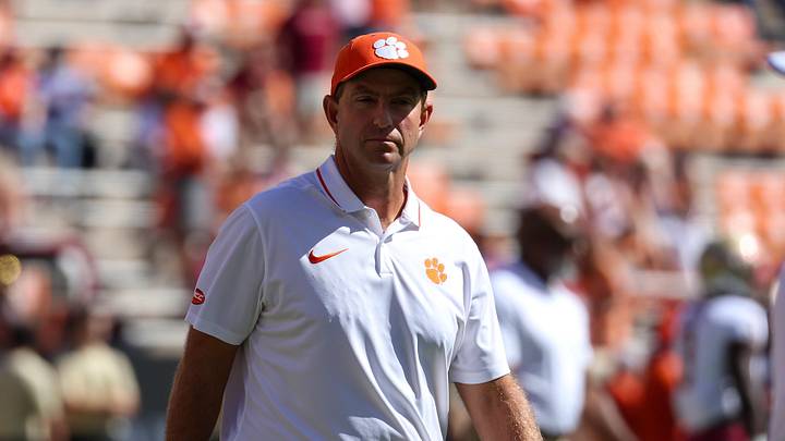 Sep 23, 2023; Clemson, South Carolina, USA; Clemson Tigers head coach Dabo Swinney prior to a game against the Florida State Seminoles at Memorial Stadium. Sep 23, 2023; Clemson, South Carolina, USA; Clemson Tigers head coach Dabo Swinney prior to a game against the Florida State Seminoles at Memorial Stadium.