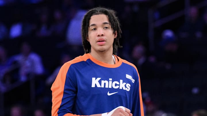 Oct 28, 2024; New York, New York, USA; New York Knicks guard Pacome Dadiet (4) during a game against the Cleveland Cavaliers at Madison Square Garden. Mandatory Credit: John Jones-Imagn Images