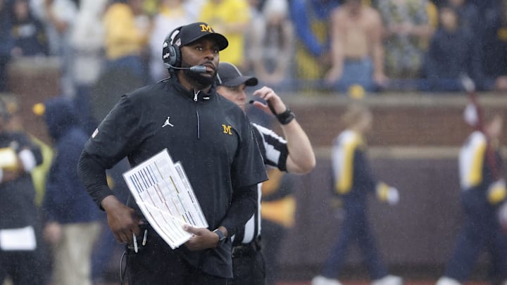 Sep 28, 2024; Ann Arbor, Michigan, USA;  Michigan Wolverines head coach Sherrone Moore on the sideline in the first half against the Minnesota Golden Gophers at Michigan Stadium. Mandatory Credit: Rick Osentoski-Imagn Images