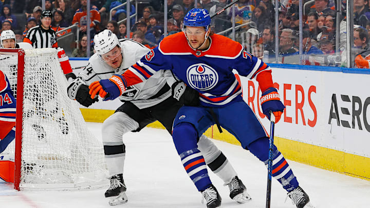 Feb 26, 2024; Edmonton, Alberta, CAN; Edmonton Oilers defensemen Vincent Desharnais (73) protects the puck.