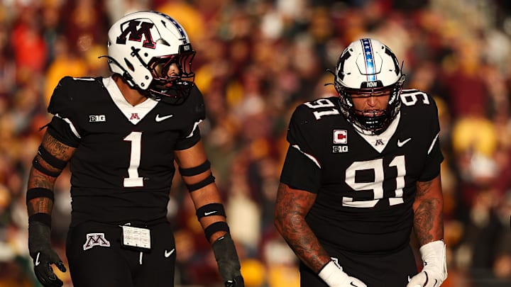 Nov 1, 2025; Minneapolis, Minnesota, USA; Minnesota Golden Gophers defensive lineman Deven Eastern (91) celebrates against the Michigan State Spartans during the second half at Huntington Bank Stadium. Mandatory Credit: Matt Krohn-Imagn Images