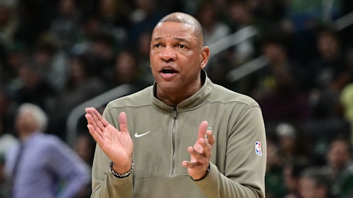 Apr 10, 2024; Milwaukee, Wisconsin, USA; Milwaukee Bucks head coach Doc Rivers reacts in the fourth quarter against the Orlando Magic at Fiserv Forum. Mandatory Credit: Benny Sieu-Imagn Images