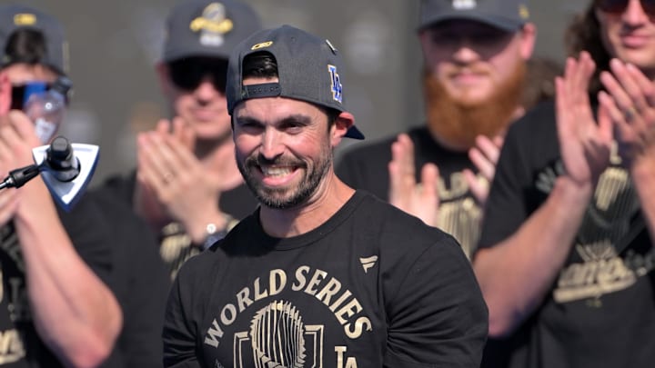 Nov 3, 2025; Los Angeles, CA, USA; Los Angeles Dodgers Executive Vice President and General Manager Brandon Gomes speaks during the World Series celebration at Dodger Stadium. Mandatory Credit: Jayne Kamin-Oncea-Imagn Images