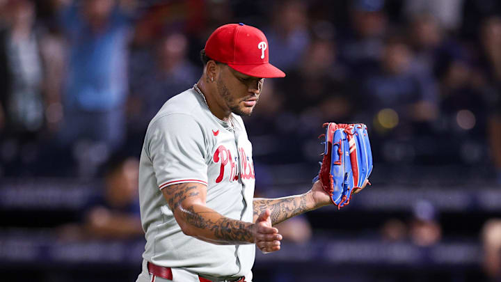 May 7, 2025; Tampa, Florida, USA; Philadelphia Phillies pitcher Taijuan Walker (99) reacts after beating the Tampa Bay Rays at George M. Steinbrenner Field. Mandatory Credit: Nathan Ray Seebeck-Imagn Images