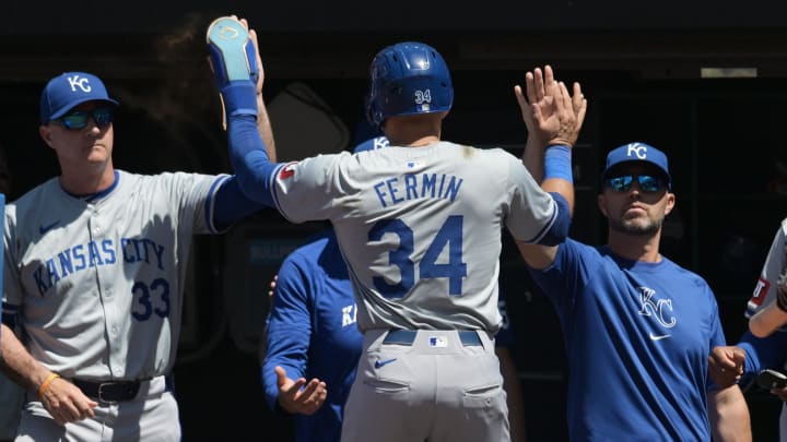 Jun 6, 2024; Cleveland, Ohio, USA; Kansas City Royals catcher Freddy Fermin (34) celebrates after scoring during the sixth inning against the Cleveland Guardians at Progressive Field. Mandatory Credit: Ken Blaze-USA TODAY Sports