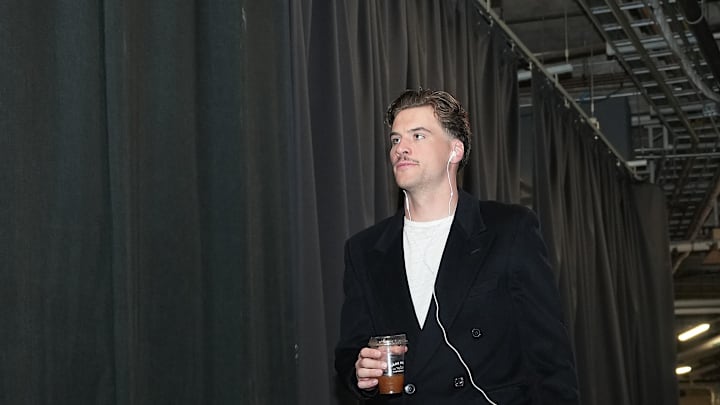 Mar 8, 2025; Toronto, Ontario, CAN; Washington Wizards forward Corey Kispert (24) arrives at the Scotiabank Arena before a game against the Toronto Raptors at Scotiabank Arena. Mandatory Credit: Nick Turchiaro-Imagn Images