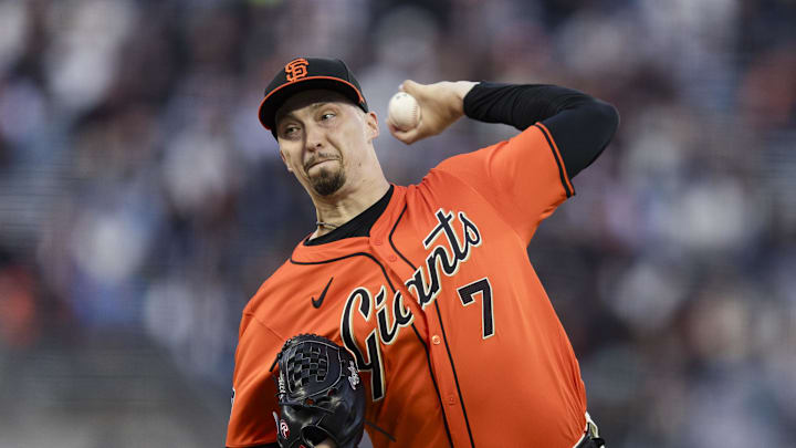 Apr 19, 2024; San Francisco, California, USA;  San Francisco Giants pitcher Blake Snell (7) throws