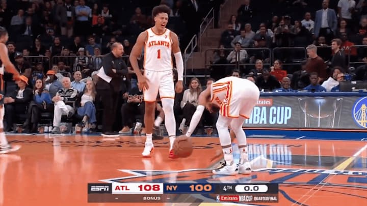 Trae Young celebrates at midcourt as the Atlanta Hawks beat the New York Knicks in the NBA Cup. Trae Young celebrates at midcourt as the Atlanta Hawks beat the New York Knicks in the NBA Cup.