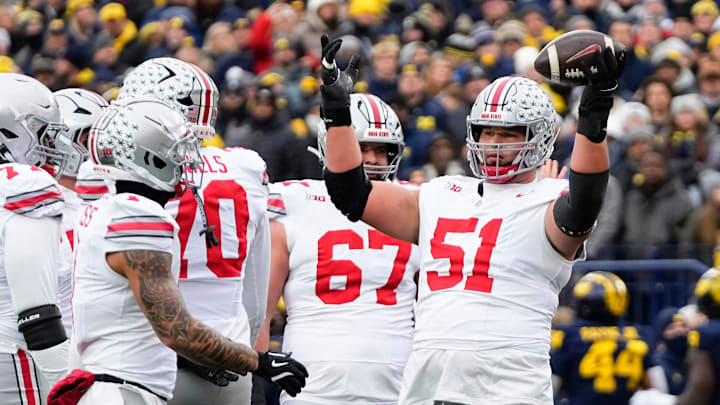 Ohio State Buckeyes offensive lineman Luke Montgomery (51) reacts during the NCAA football game against the Michigan Wolverines at Michigan Stadium in Ann Arbor, Mich. on Nov. 29, 2025. Ohio State won 27-9.