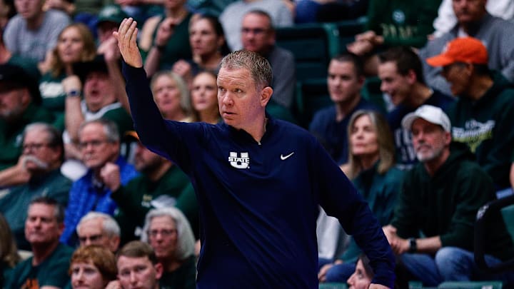 Mar 1, 2025; Fort Collins, Colorado, USA; Utah State Aggies head coach Jerrod Calhoun in the second half against the Colorado State Rams at Moby Arena. Mandatory Credit: Isaiah J. Downing-Imagn Images