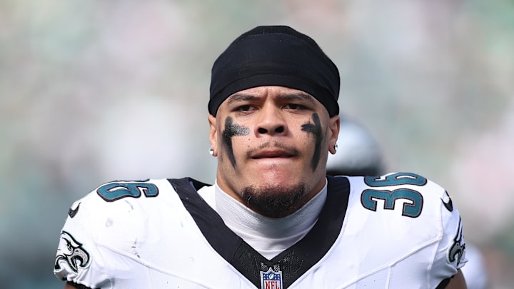 Sep 21, 2025; Philadelphia, Pennsylvania, USA; Philadelphia Eagles tight end Cameron Latu (36) in a game against the Los Angeles Rams at Lincoln Financial Field. 