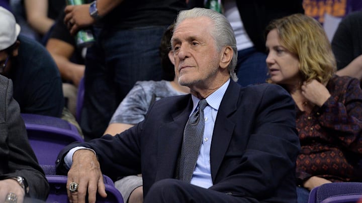 Nov 8, 2017; Phoenix, AZ, USA; Miami Heat president Pat Riley watches a game between the Miami Heat and Phoenix Suns at Talking Stick Resort Arena. Mandatory Credit: Jennifer Stewart-Imagn Images