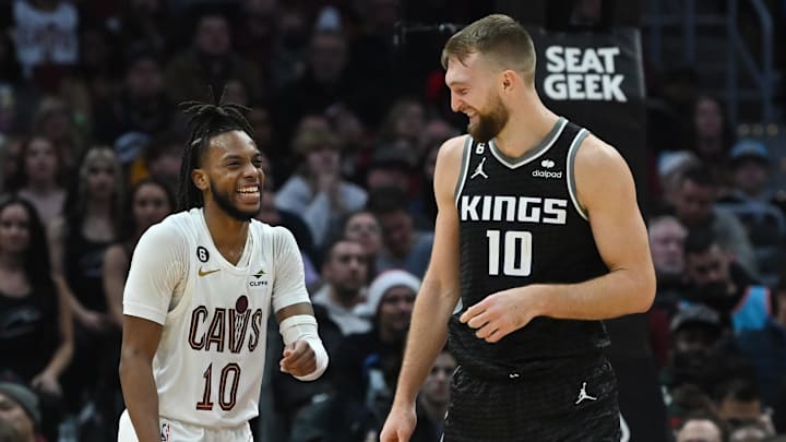 Dec 9, 2022; Cleveland, Ohio, USA; Cleveland Cavaliers guard Darius Garland (10) and Sacramento Kings forward Domantas Sabonis (10) laugh after a play during the second half at Rocket Mortgage FieldHouse. Mandatory Credit: Ken Blaze-Imagn Images Dec 9, 2022; Cleveland, Ohio, USA; Cleveland Cavaliers guard Darius Garland (10) and Sacramento Kings forward Domantas Sabonis (10) laugh after a play during the second half at Rocket Mortgage FieldHouse. Mandatory Credit: Ken Blaze-Imagn Images