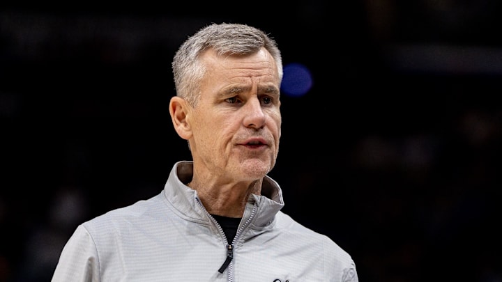 Nov 24, 2025; New Orleans, Louisiana, USA;  Chicago Bulls Head Coach Billy Donovan looks on against the New Orleans Pelicans during the second half at Smoothie King Center. Mandatory Credit: Stephen Lew-Imagn Images
