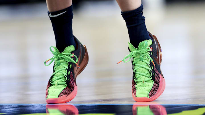 May 16, 2025; Arlington, Texas, USA;  The shoes of Dallas Wings guard Paige Bueckers (5) during the second half against the Minnesota Lynx at College Park Center. Mandatory Credit: Kevin Jairaj-Imagn Images