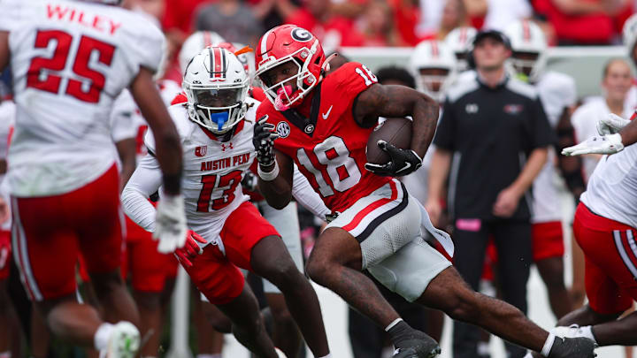 Sep 6, 2025; Athens, Georgia, USA; Georgia Bulldogs wide receiver Sacovie White-Helton (18) runs after a catch against the Austin Peay Governors in the first quarter at Sanford Stadium. Mandatory Credit: Brett Davis-Imagn Images